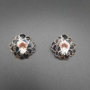 Vintage Cloisonne Enamel‎ Large Black, Red & Gold Lily Floral Clip-on Earrings